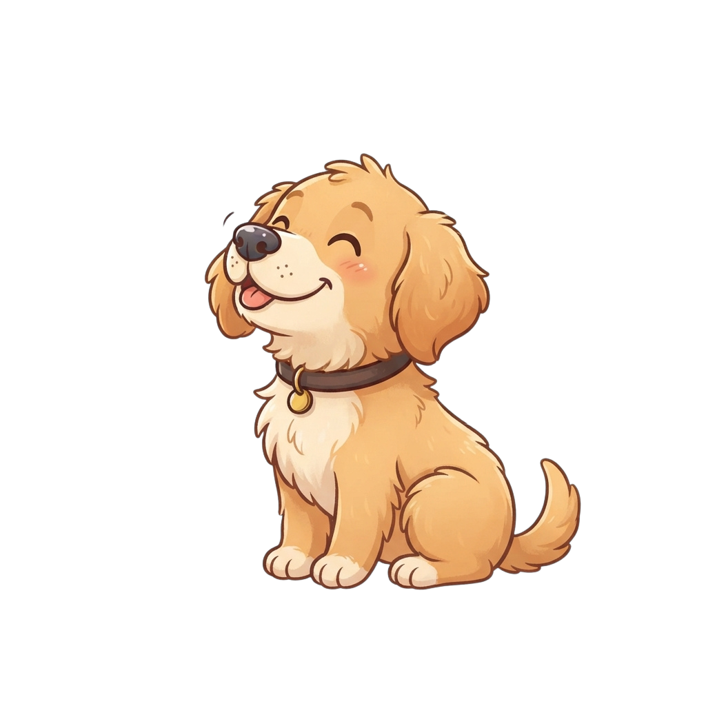 A cheerful cartoon puppy sitting with a collar and tag, smiling happily