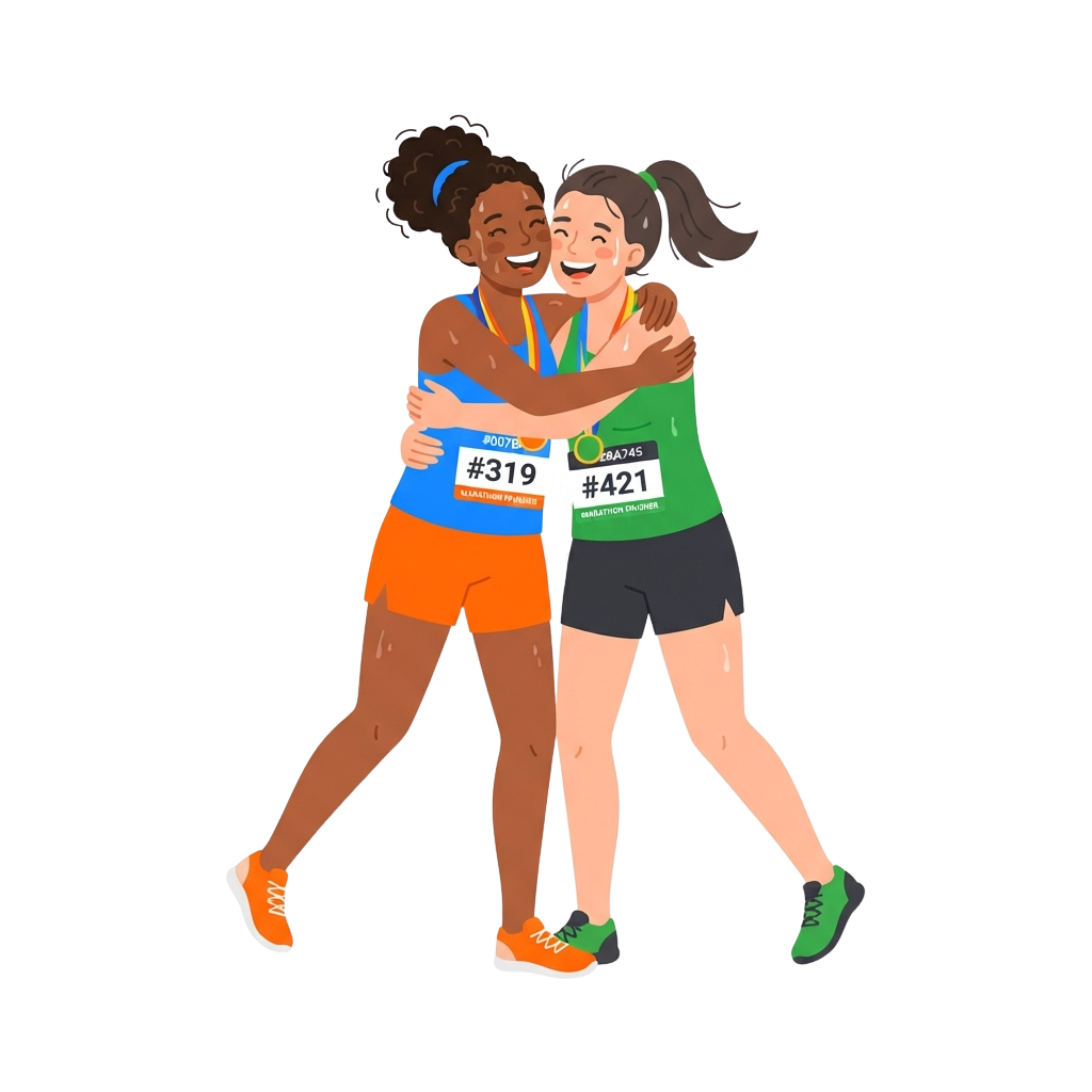 Two smiling runners hugging with race bibs numbered 319 and 421 after completing a marathon.