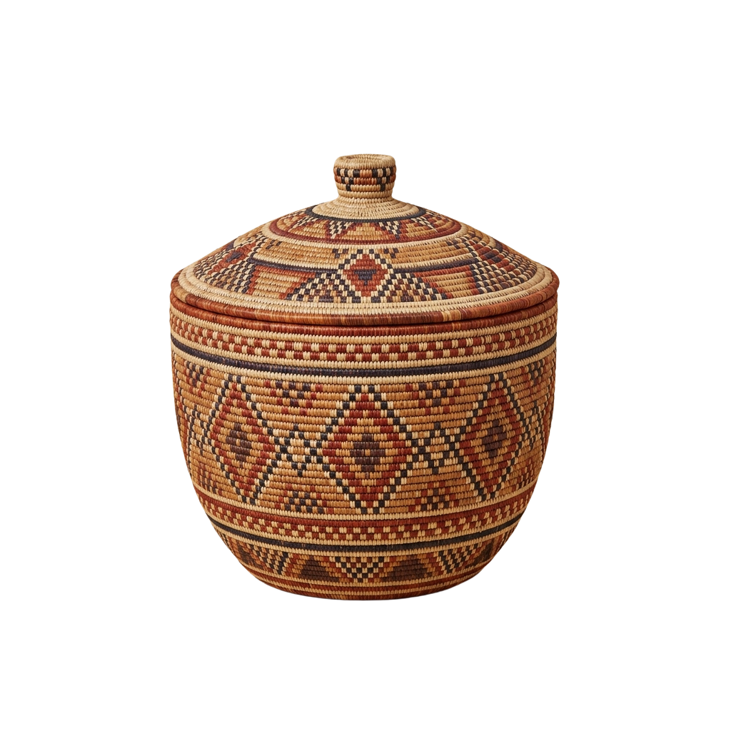Decorative woven basket featuring intricate geometric designs and a lid, made from natural fibers