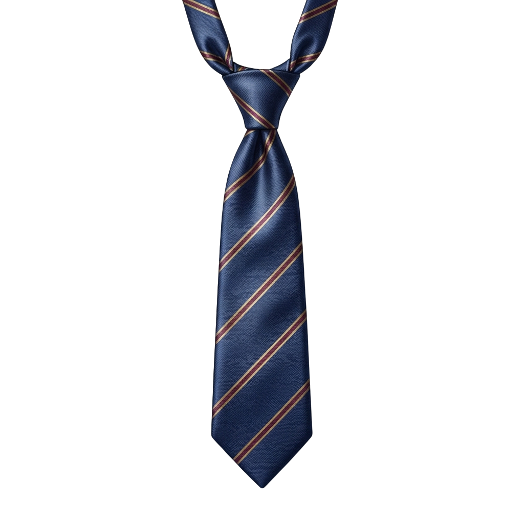 A neatly knotted blue tie with thin red diagonal stripes on a dark background