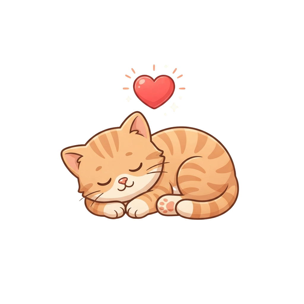 A sleeping kitten with a glowing heart floating above its head