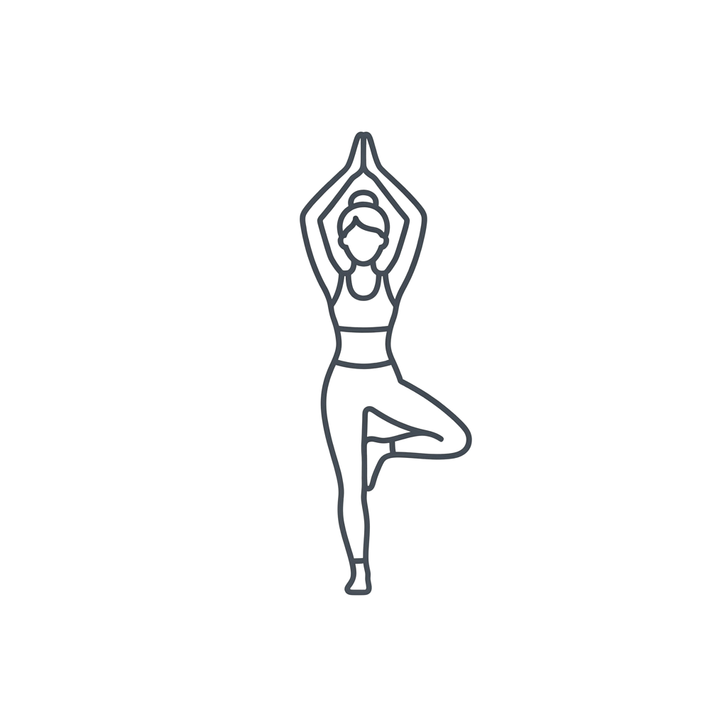 Line drawing of a person performing yoga tree pose with arms raised and one foot lifted against calf