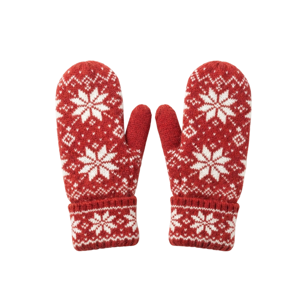 Pair of red fingerless mittens featuring white snowflake embroidery on a textured knit background