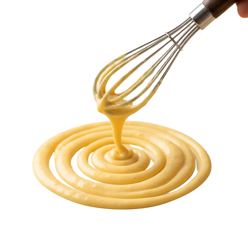 A whisk pouring melted chocolate creating a spiral pattern on a dark background