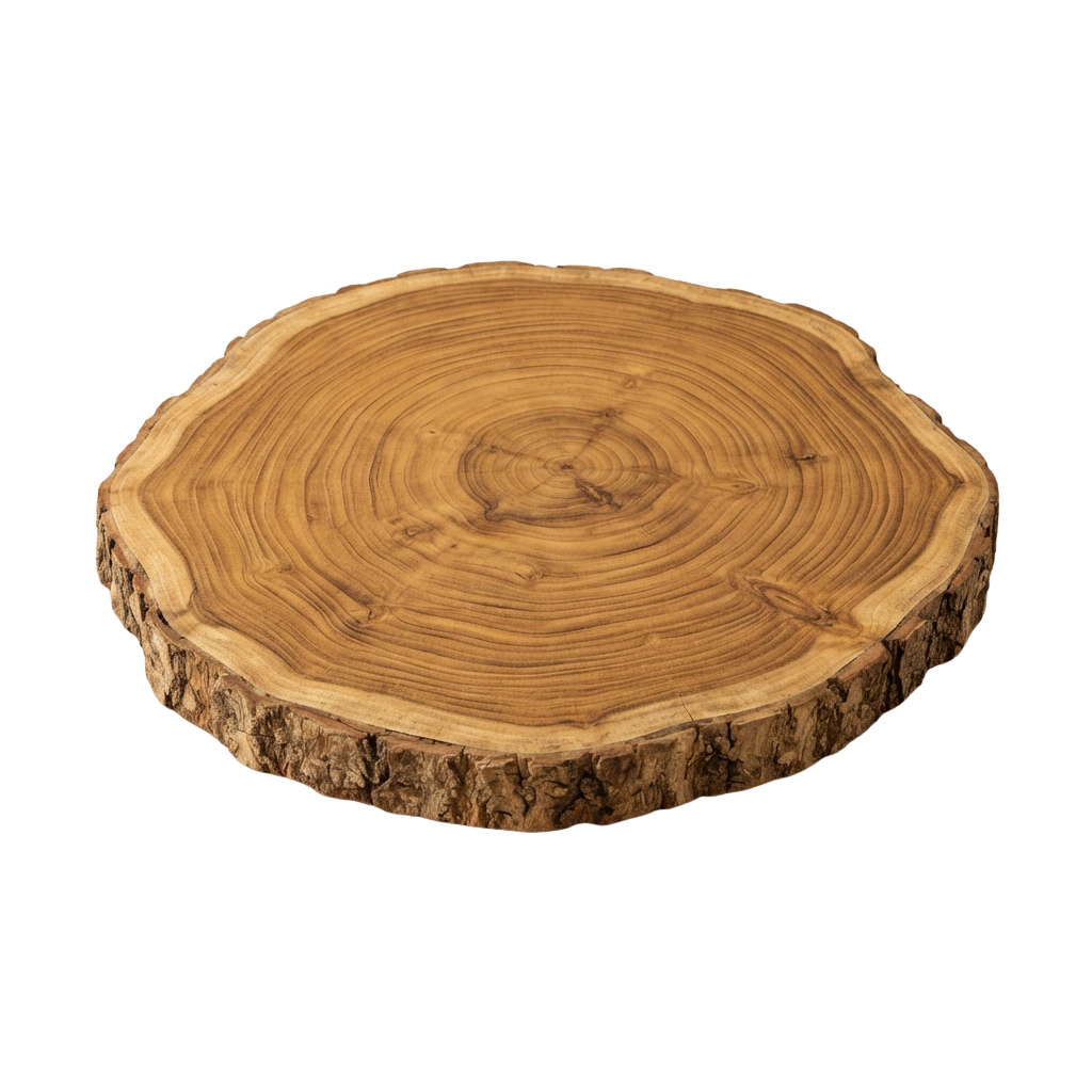 A round wooden slice with visible tree rings and natural bark edges