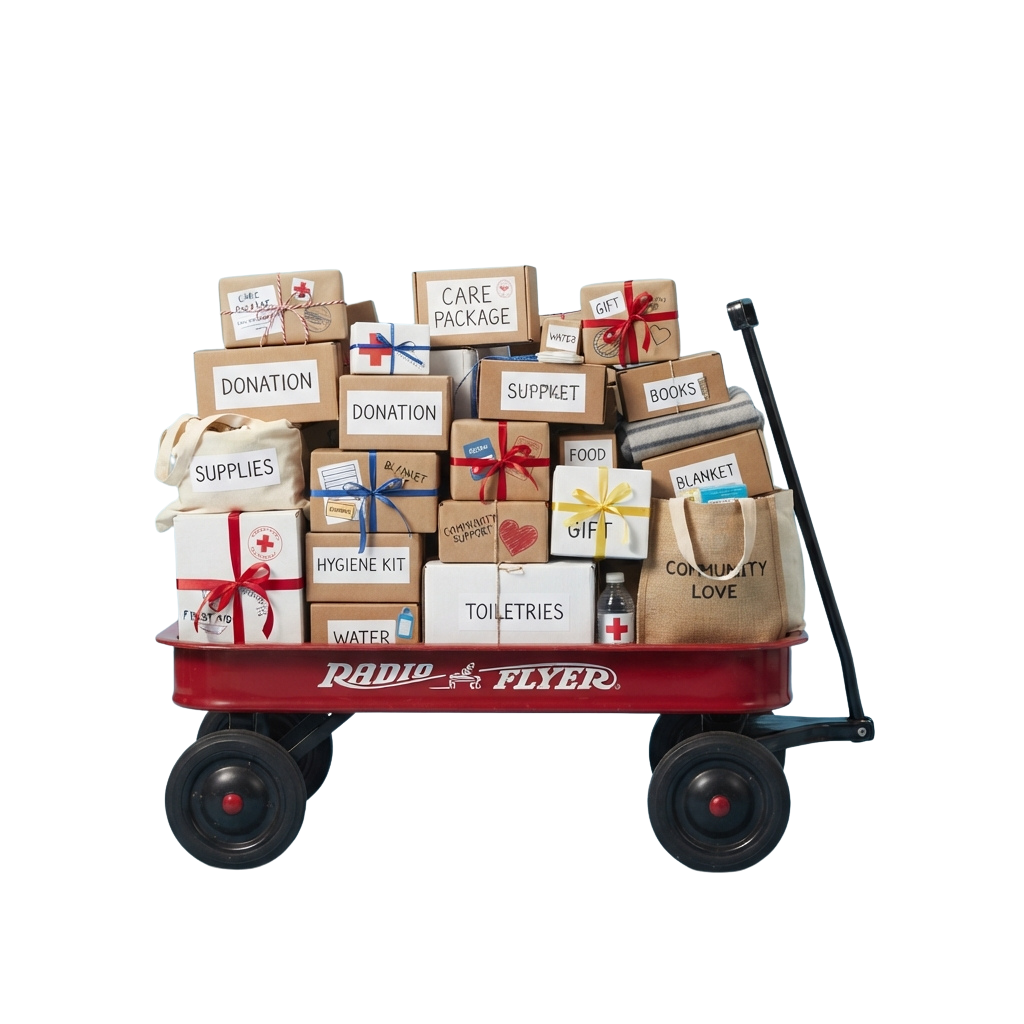 Red wagon filled with various donation packages including hygiene kits, food, books, and blankets