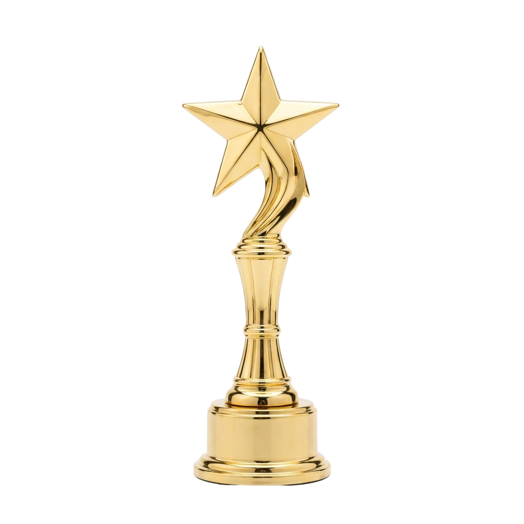 A shiny gold-colored trophy featuring a five-pointed star on top and a curved base with a flared bottom