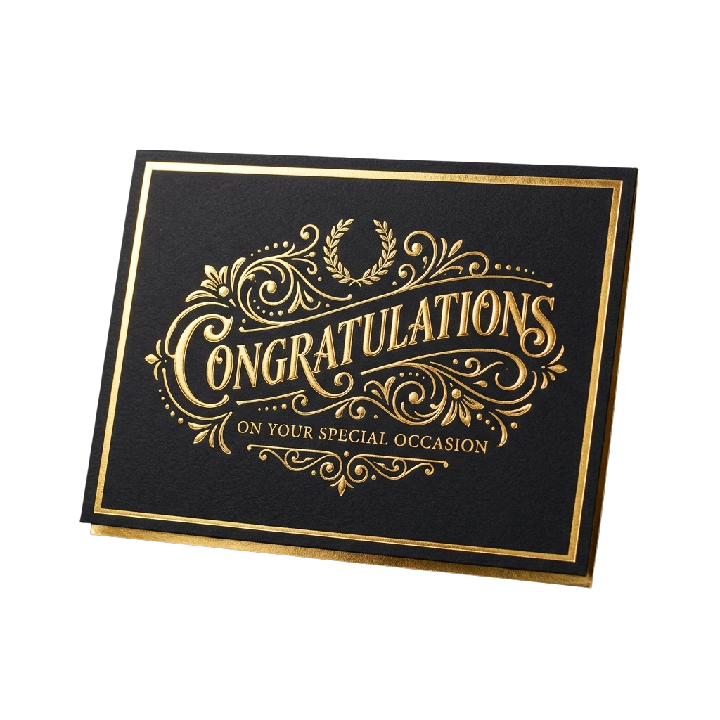 Gold foil congratulations card on dark background with ornate decorative text