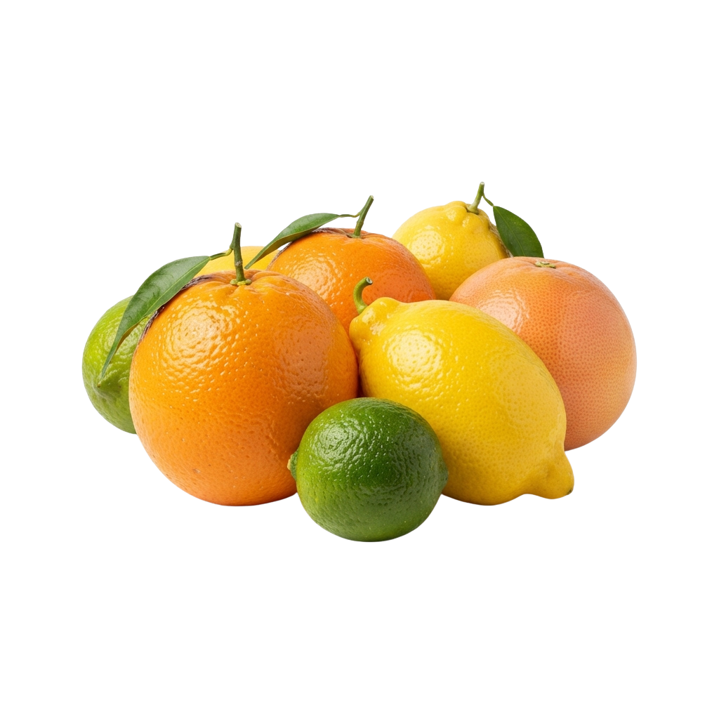 Assorted citrus fruits including oranges, lemons, limes, and grapefruit on a dark background
