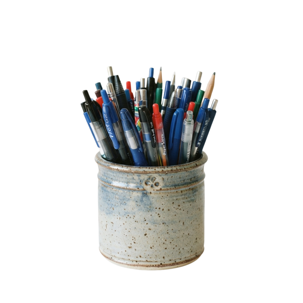 A ceramic pen holder filled with various colored pens and pencils