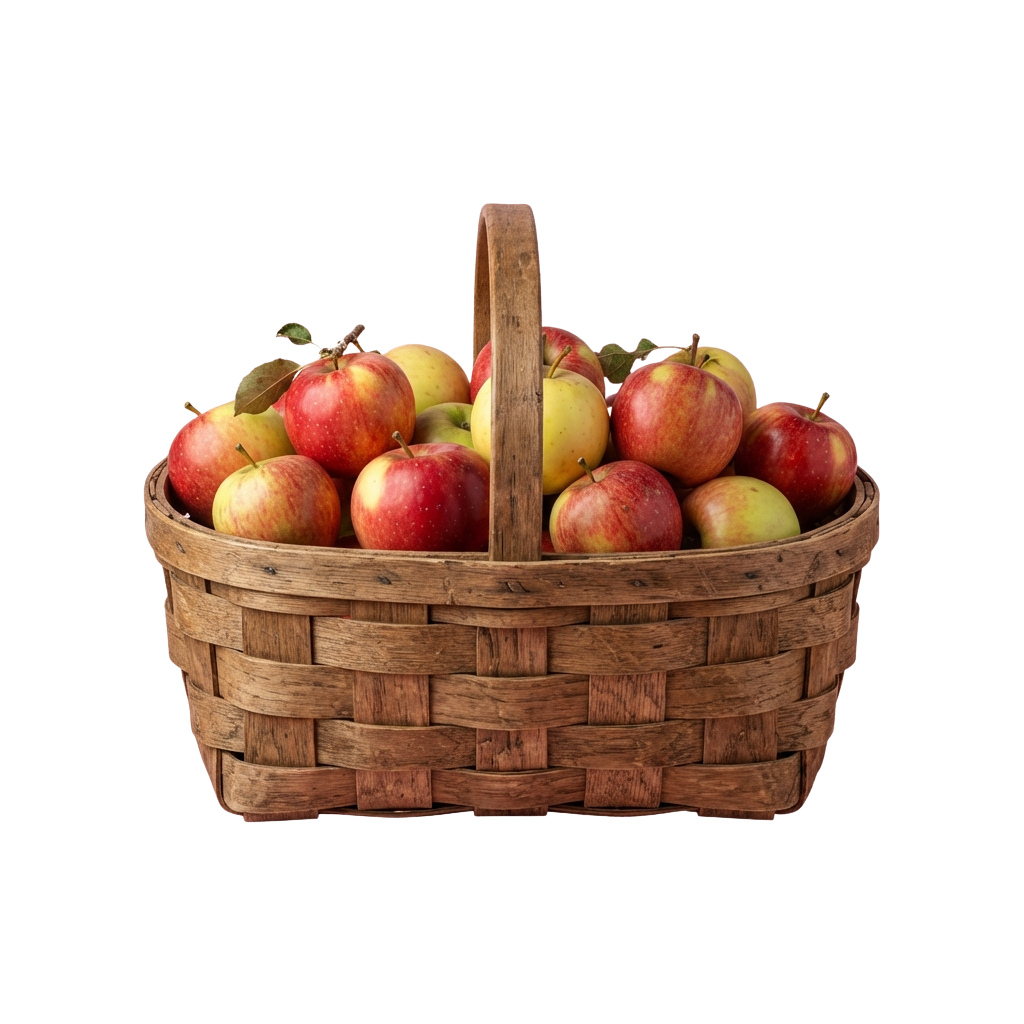 A rustic wooden basket filled with red and yellow apples, some with green leaves attached