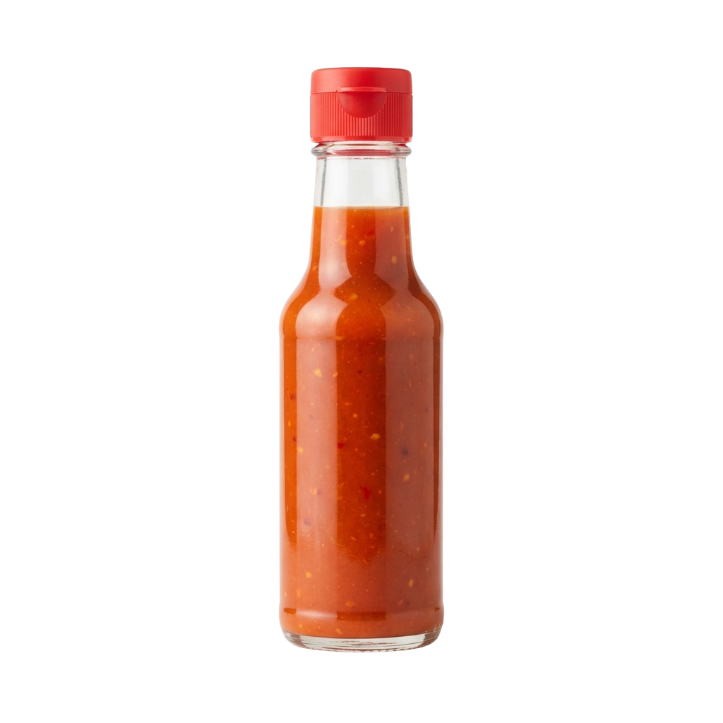 A clear glass bottle filled with red hot sauce and topped with a red cap