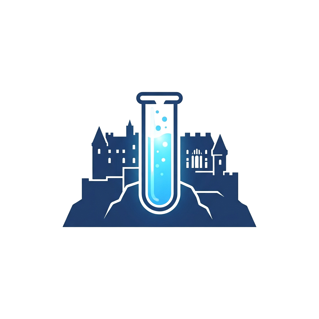A glowing test tube with liquid and bubbles set against a silhouette of a castle on rocky terrain