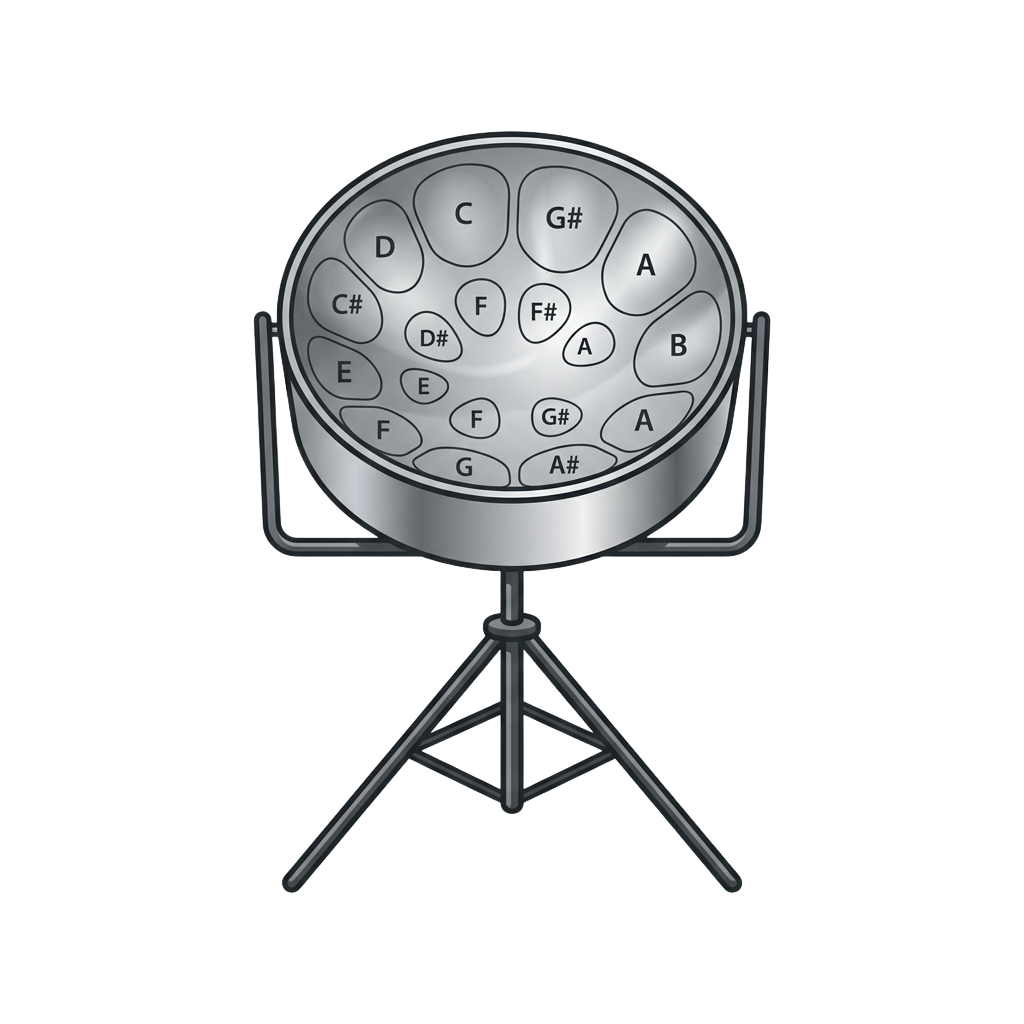 Illustration of a circular musical note chart on a tripod stand showing musical notes and sharps