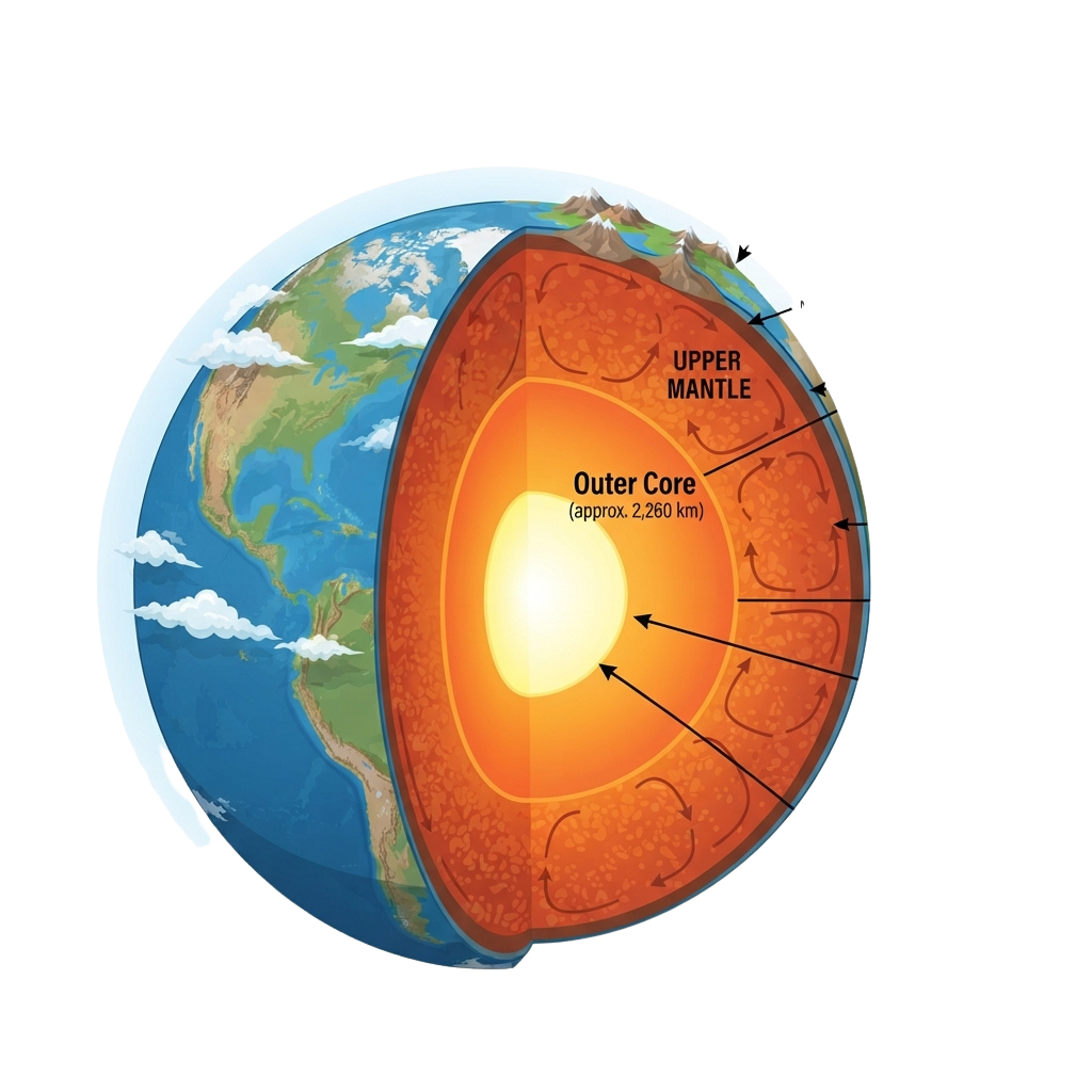 Diagram of Earth’s internal structure highlighting the upper mantle and outer core with convection currents