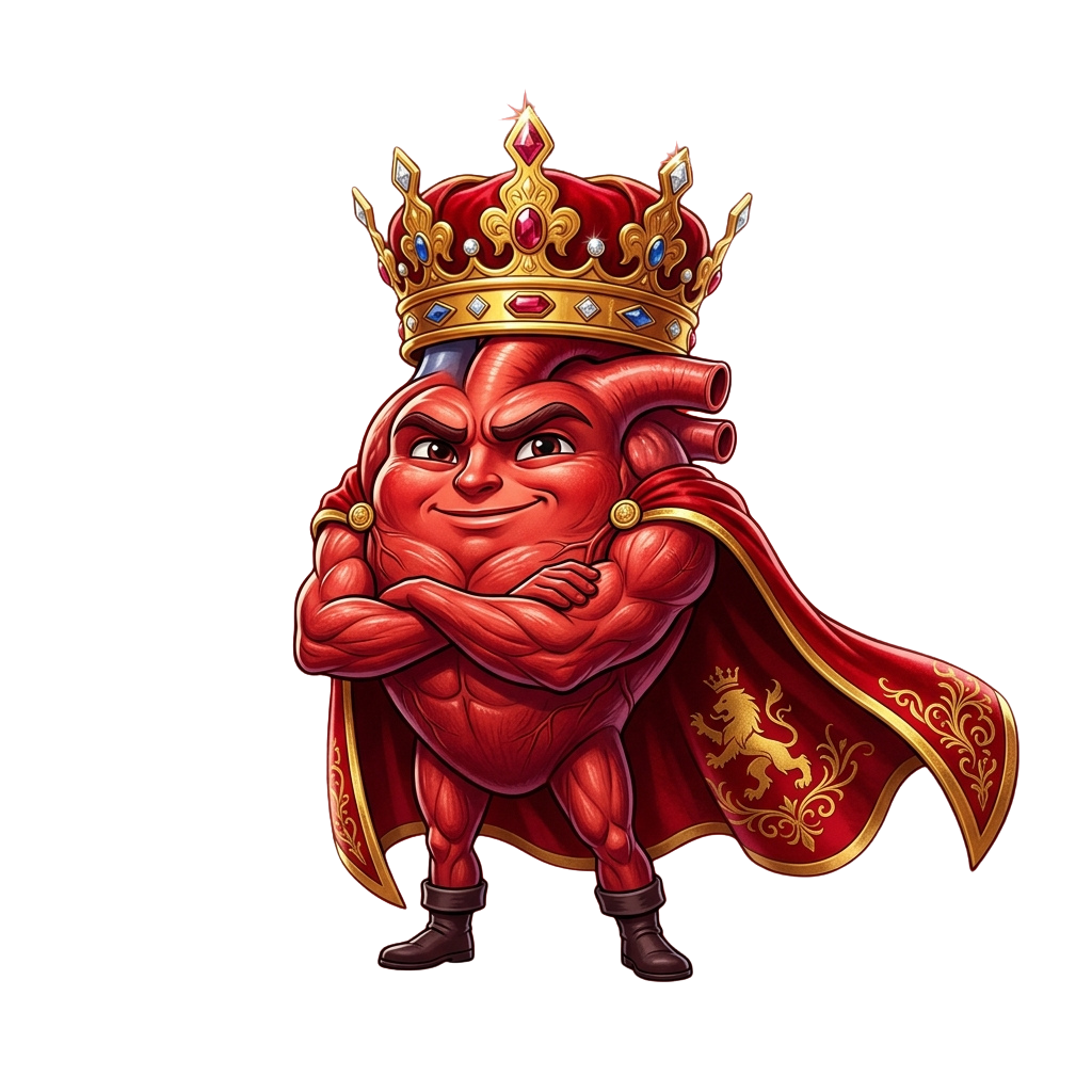 A muscular cartoon character wearing a red crown and cape, arms crossed confidently.