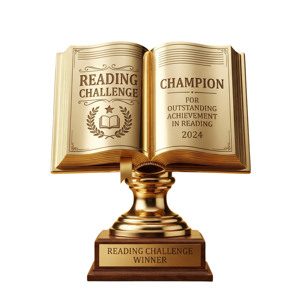 Golden trophy with open book displaying Reading Challenge Champion text for 2024 achievement