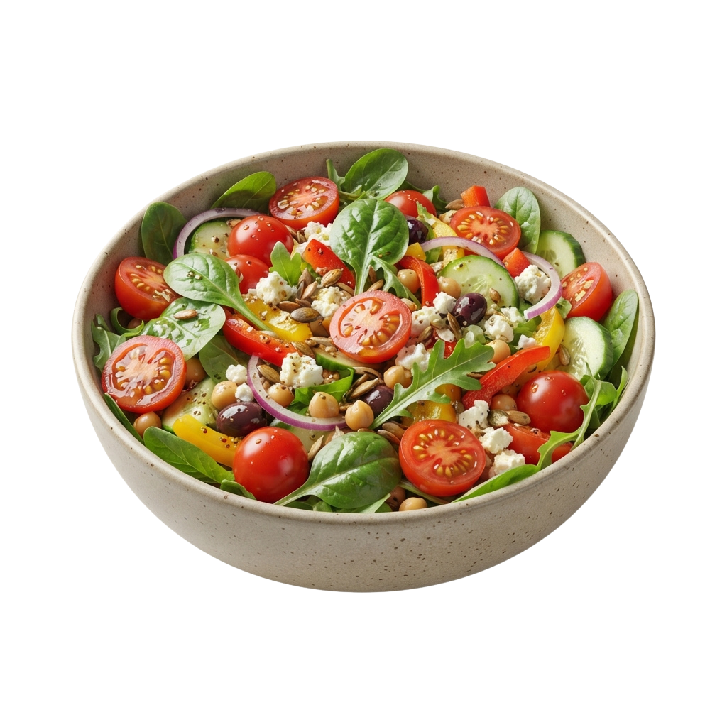 A bowl of colorful Mediterranean salad with cherry tomatoes, cucumber, feta cheese, chickpeas, and fresh greens