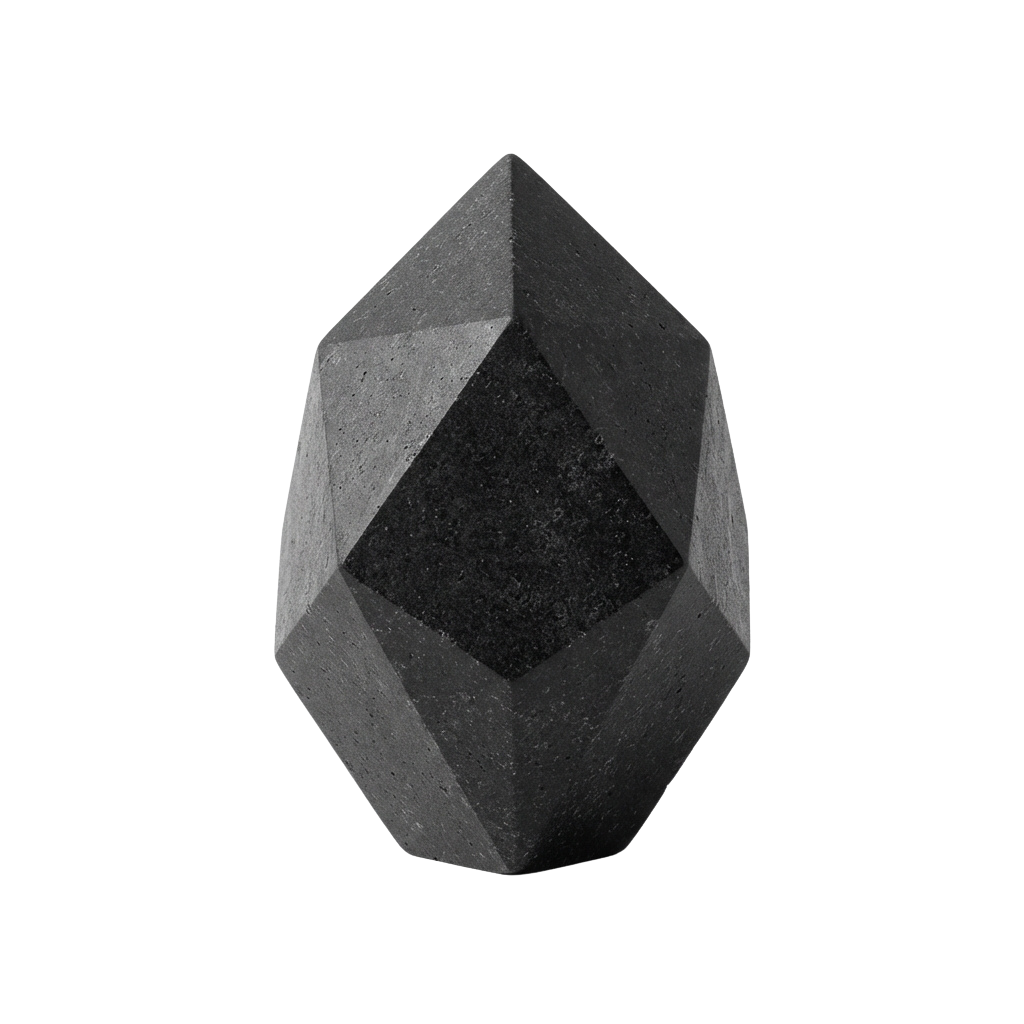 A 3D rendering of a dark gray geometric crystal with a faceted, symmetrical shape