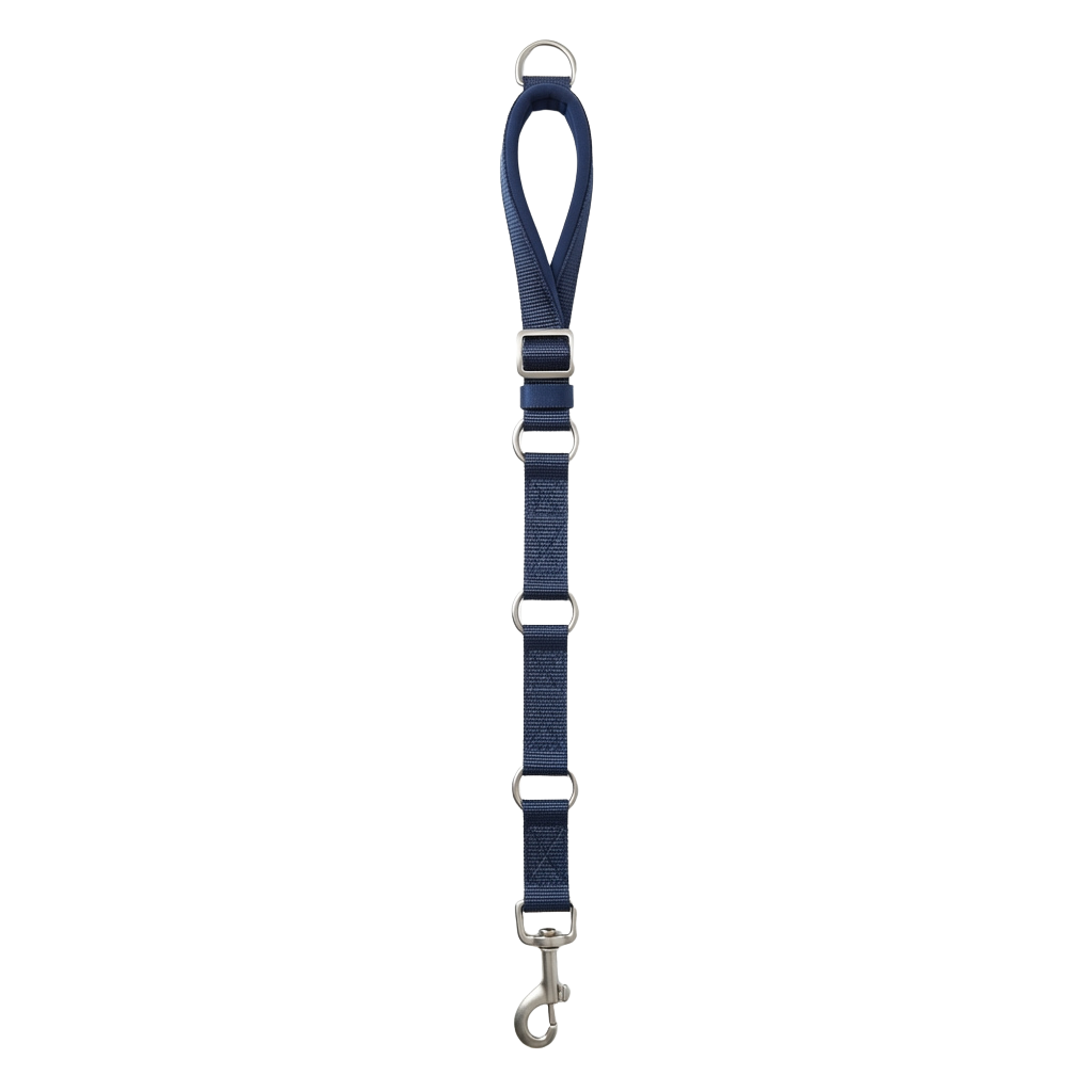 A navy blue adjustable dog leash with metal carabiners and a loop handle.
