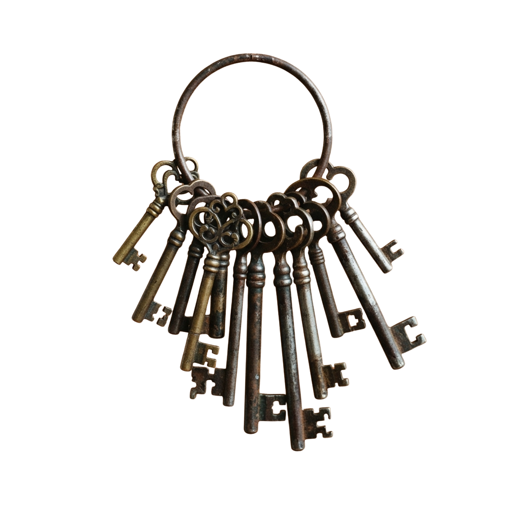 A ring holding nine vintage-style brass keys against a dark background