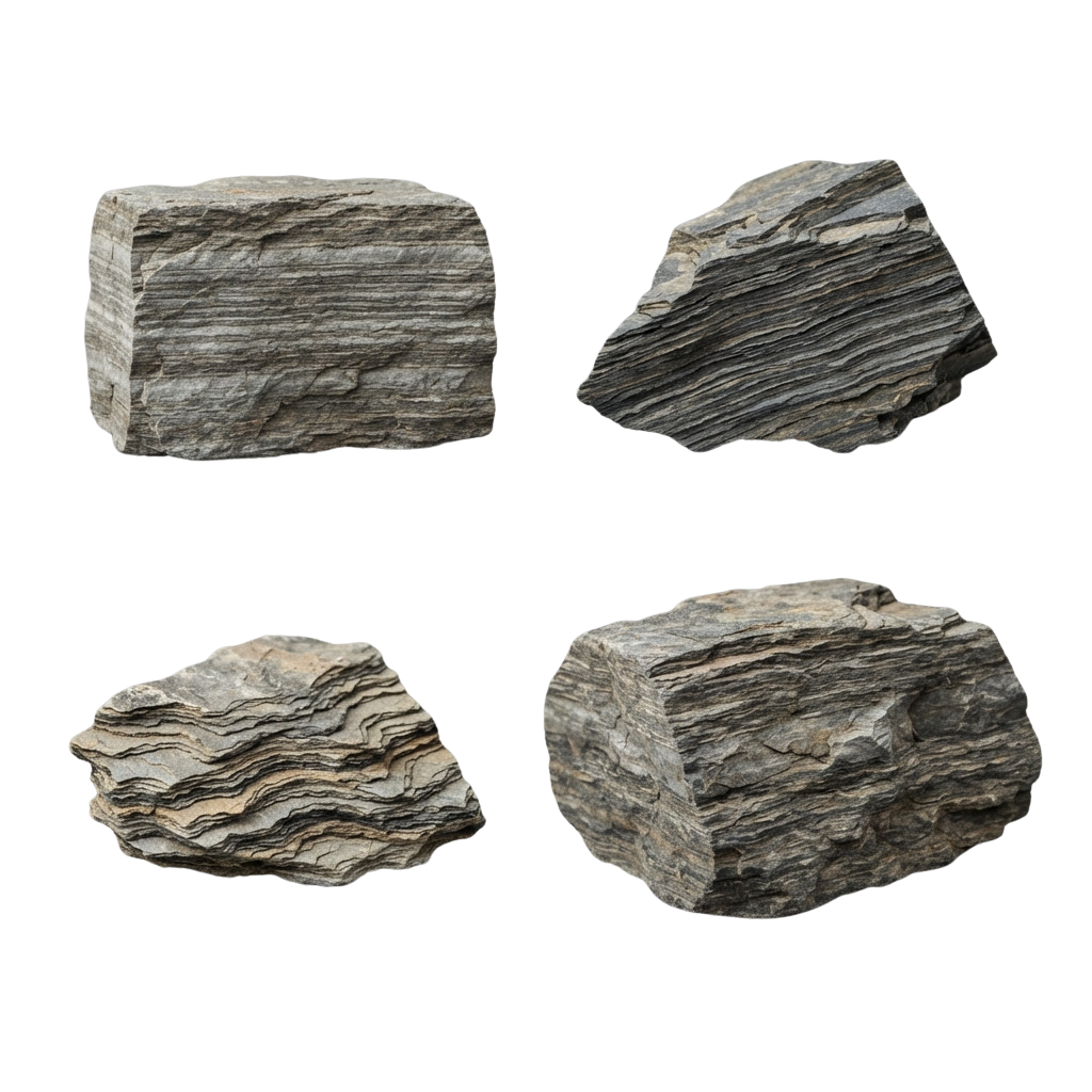 Four pieces of gneiss rock showing distinct banded patterns and rough surfaces
