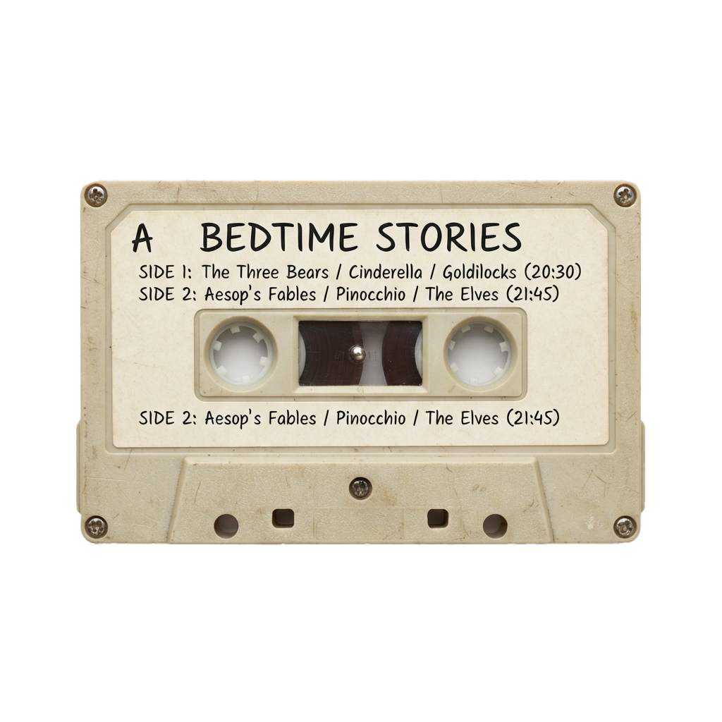 Vintage cassette tape labeled Bedtime Stories with story titles and side durations