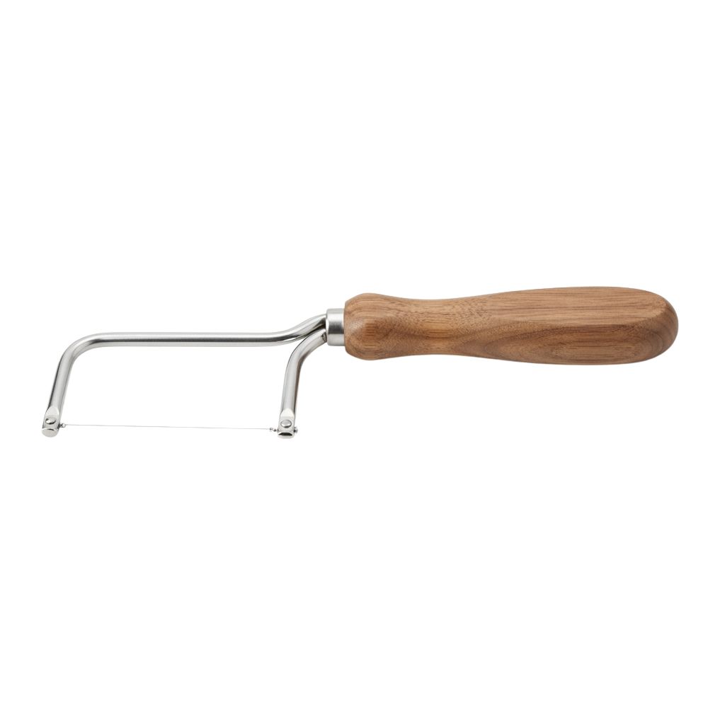 A cheese wire with a wooden handle, used for cutting cheese blocks.