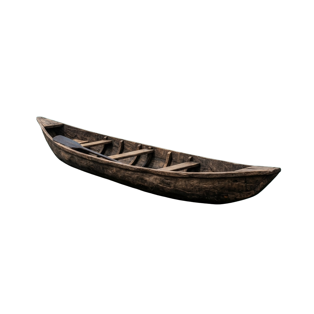 A dark wooden canoe with seating and smooth curves against a black background