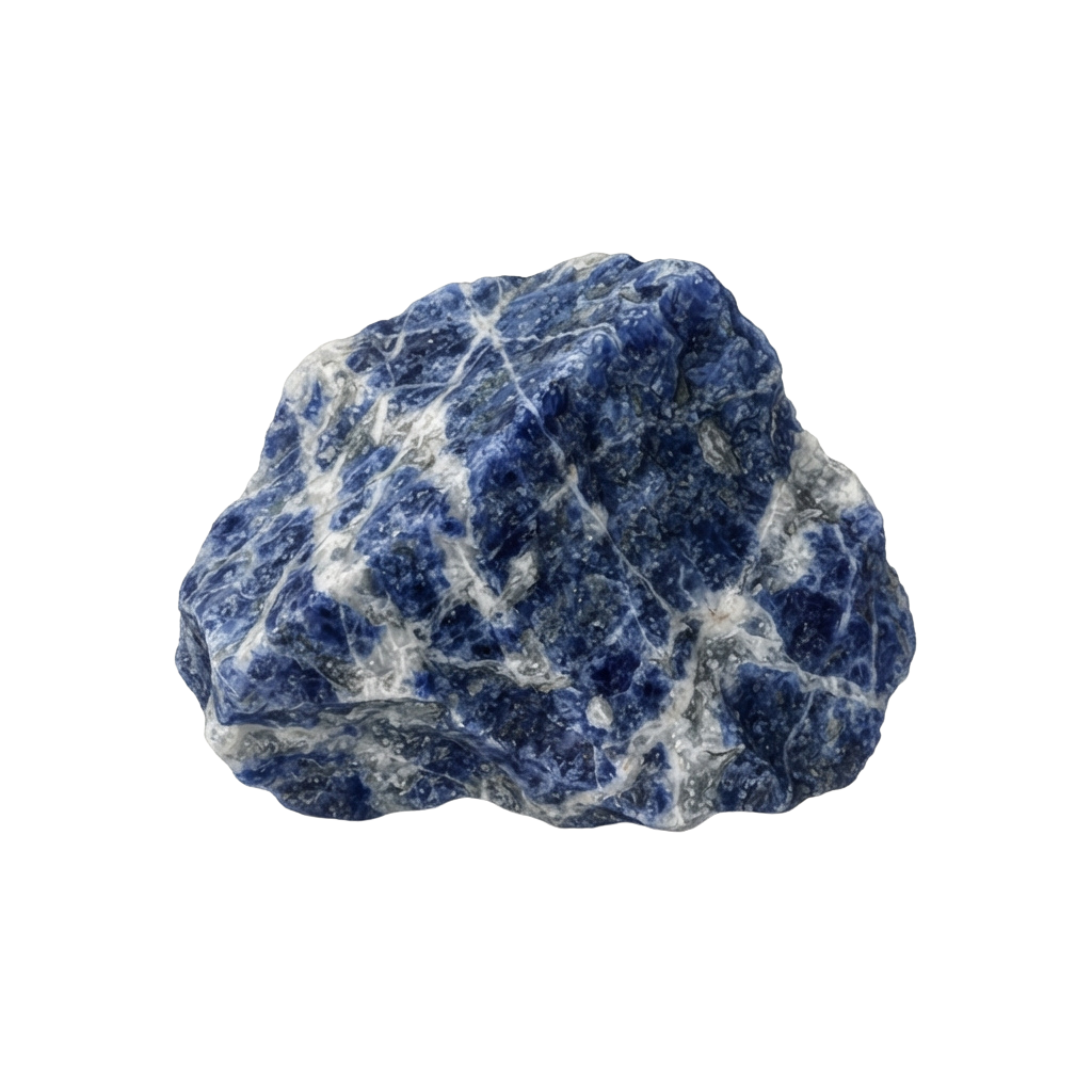 A rough, irregularly shaped blue lace agate stone with white veining against a black background