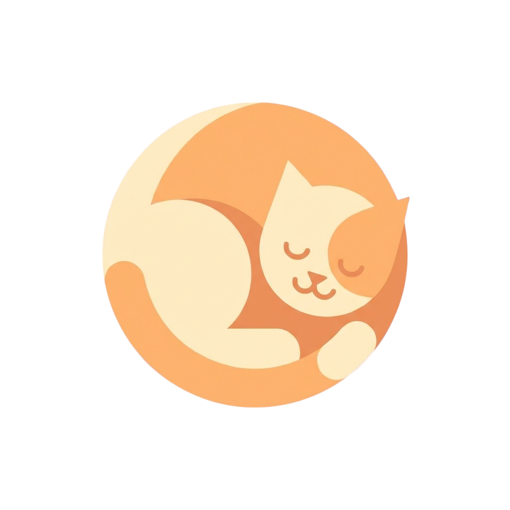 A stylized illustration of a sleeping cat curled up inside a circular shape