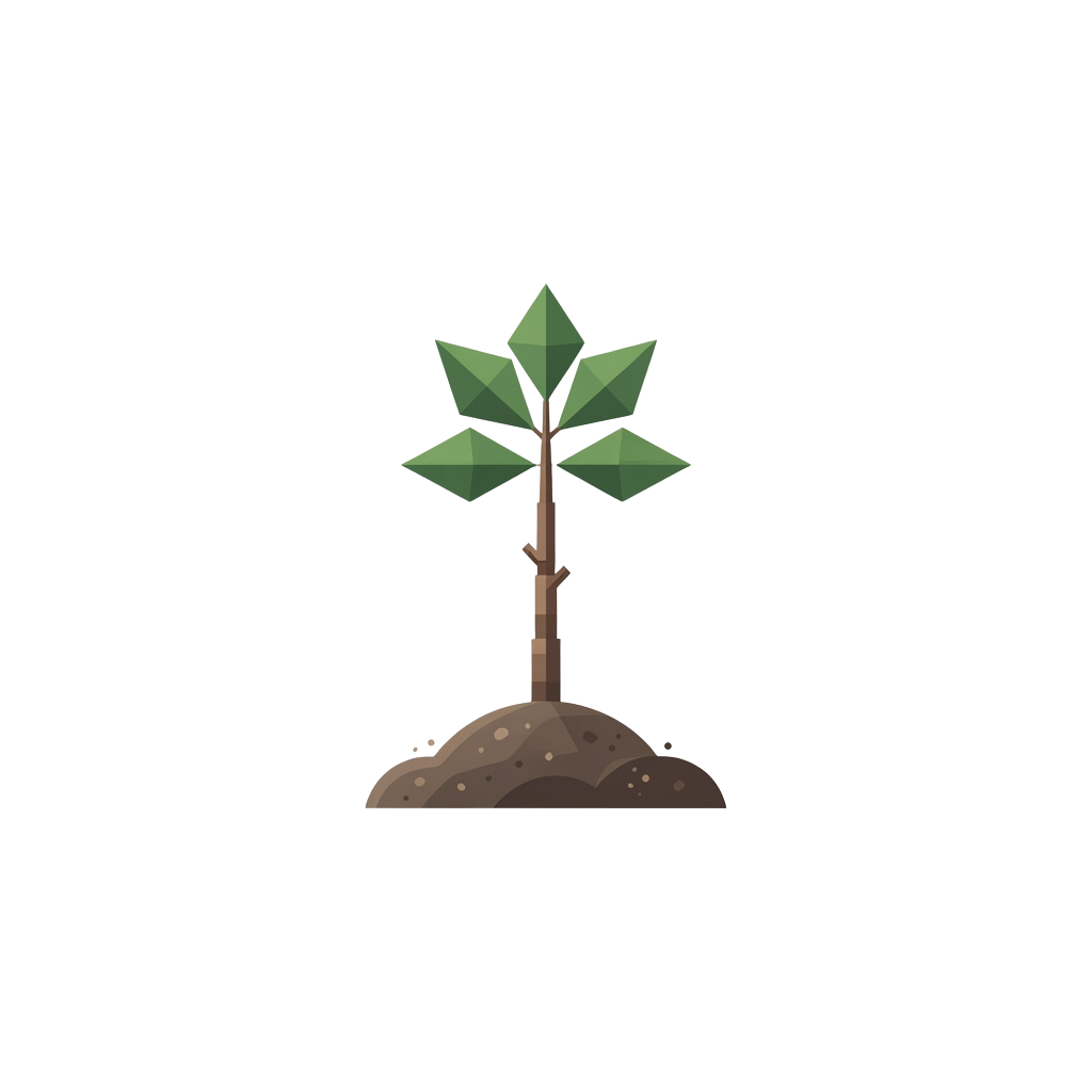 A small green seedling with five leaves sprouting from a patch of brown soil