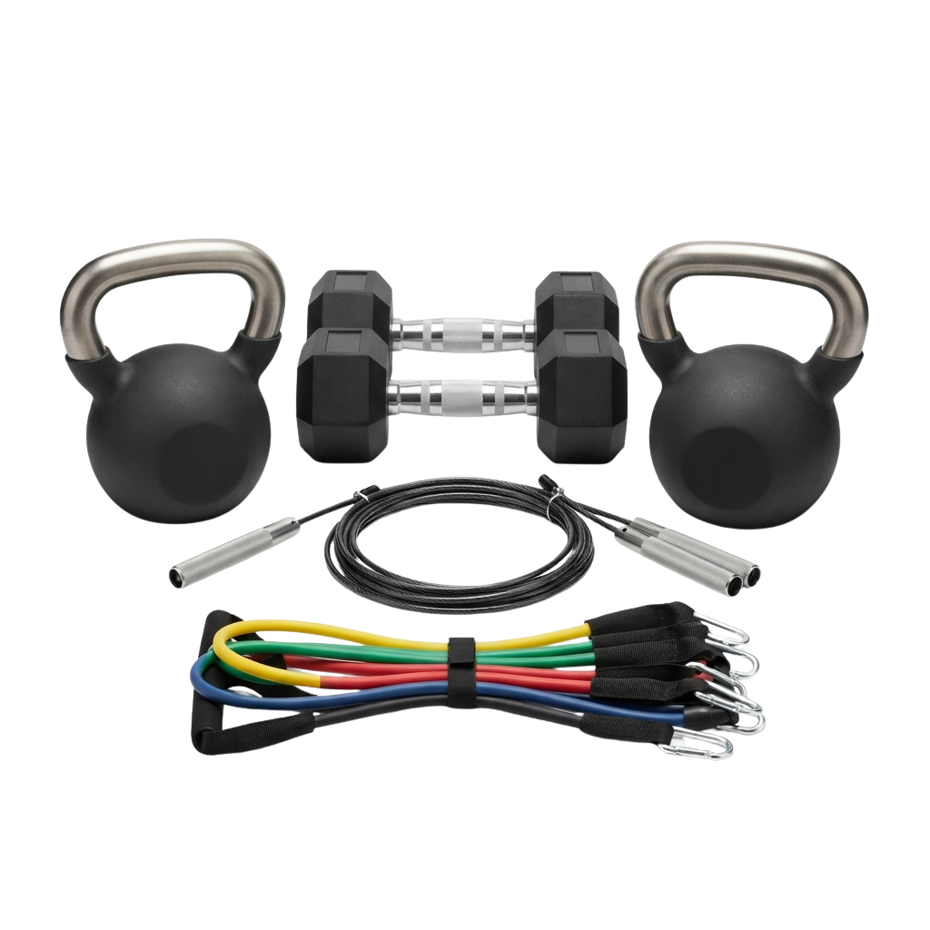 Two kettlebells, two hex dumbbells, a resistance band set, and a cable with handles laid out on a black background
