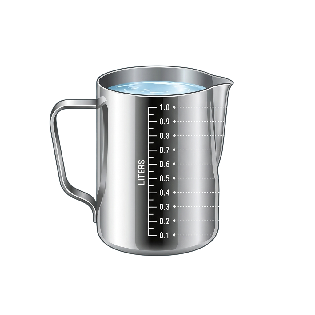 A stainless steel measuring jug with markings from 0.1 to 1.0 liters, partially filled with blue liquid