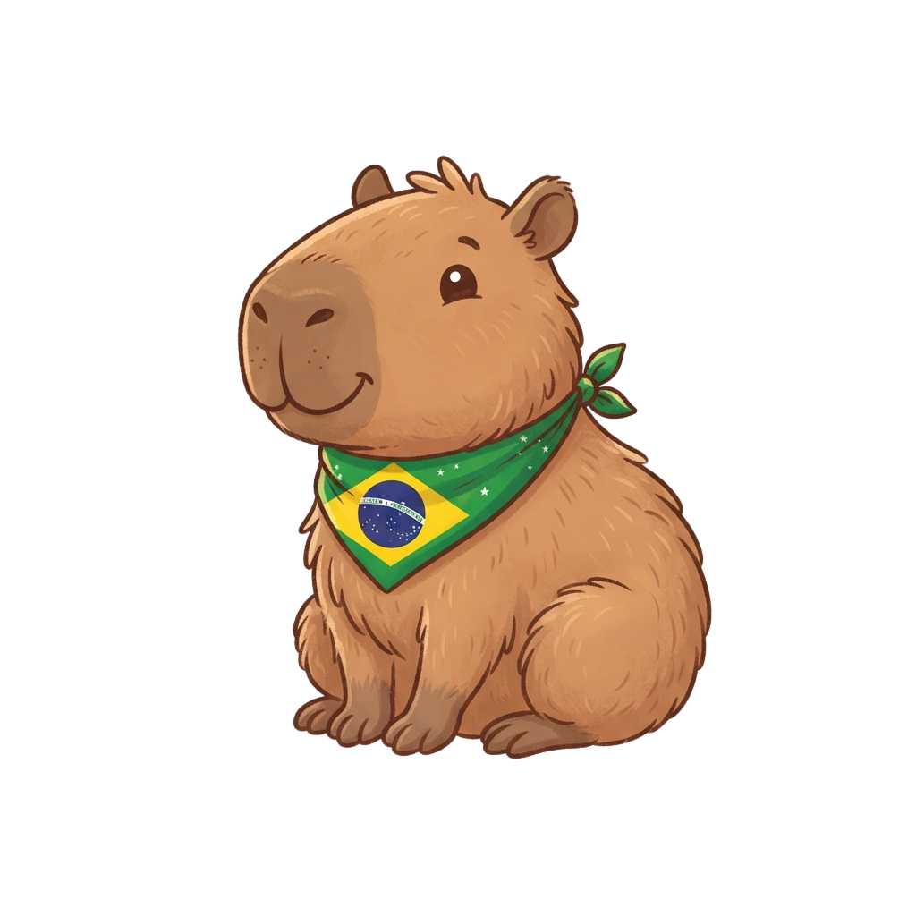 A smiling capybara sitting and wearing a bandana with the Brazilian flag design