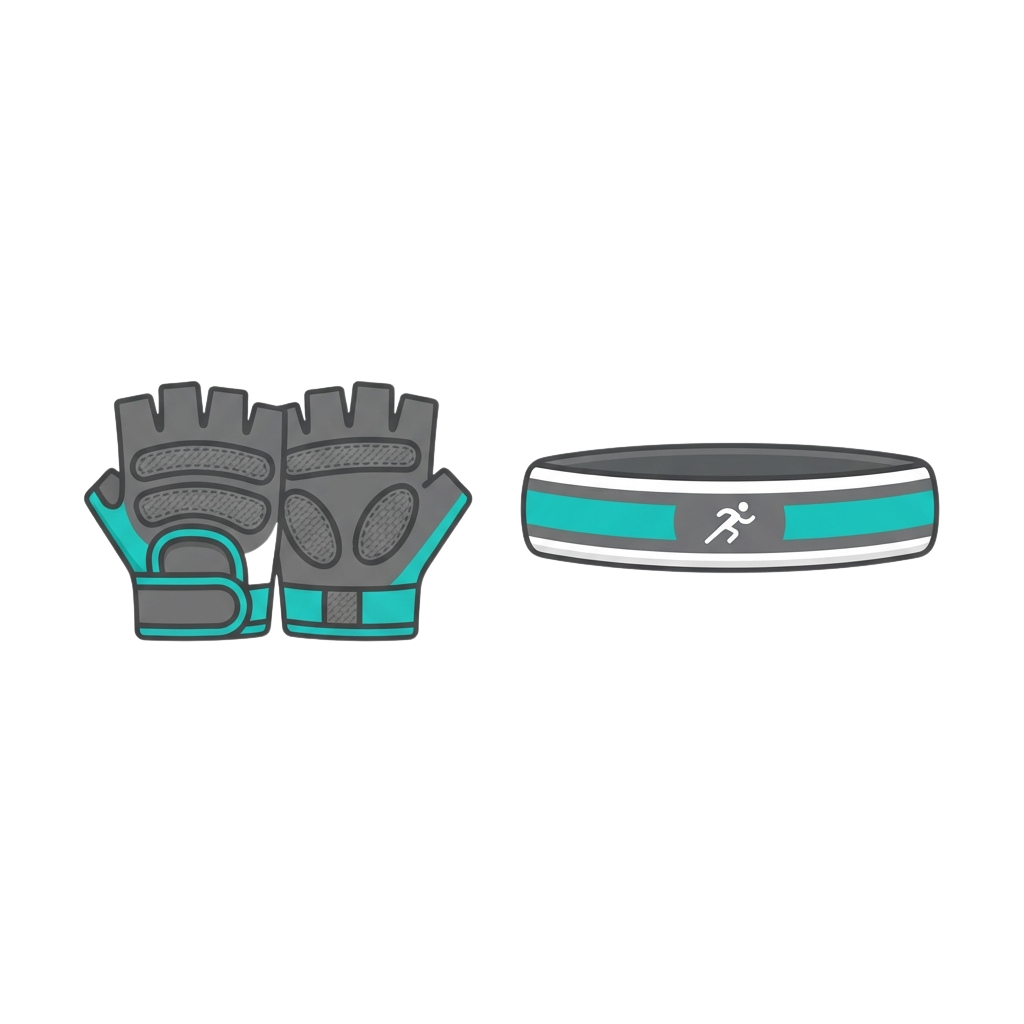 Gray fingerless gloves and a wristband with a running icon in blue and white