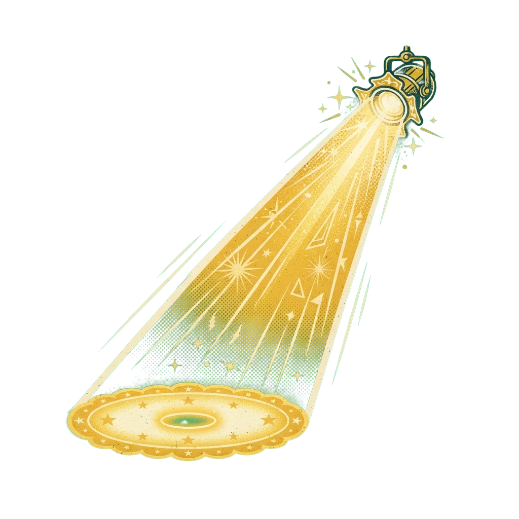 A stylized flashlight shining brightly on a cloud with stars, emitting a glowing light beam