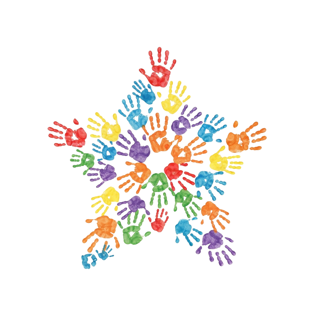 A star shape made from multicolored handprints on a black background