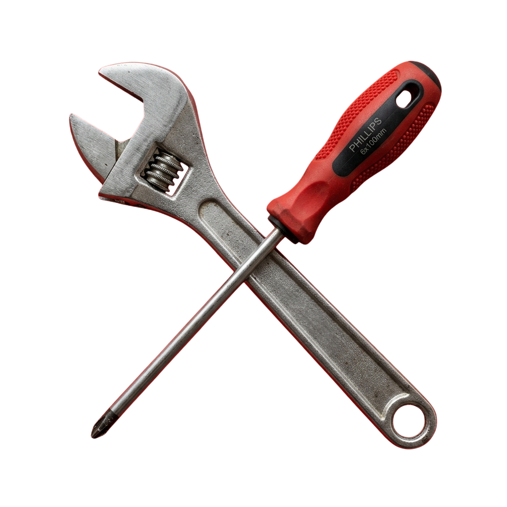 Crossed adjustable wrench and screwdriver tools with red handles on a black background