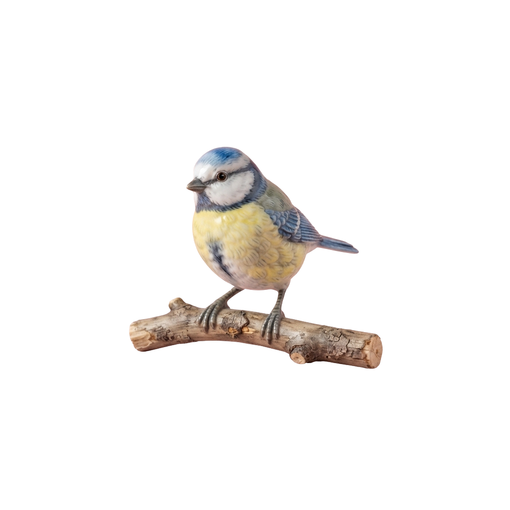 A small bird with blue and yellow feathers perched on a textured branch