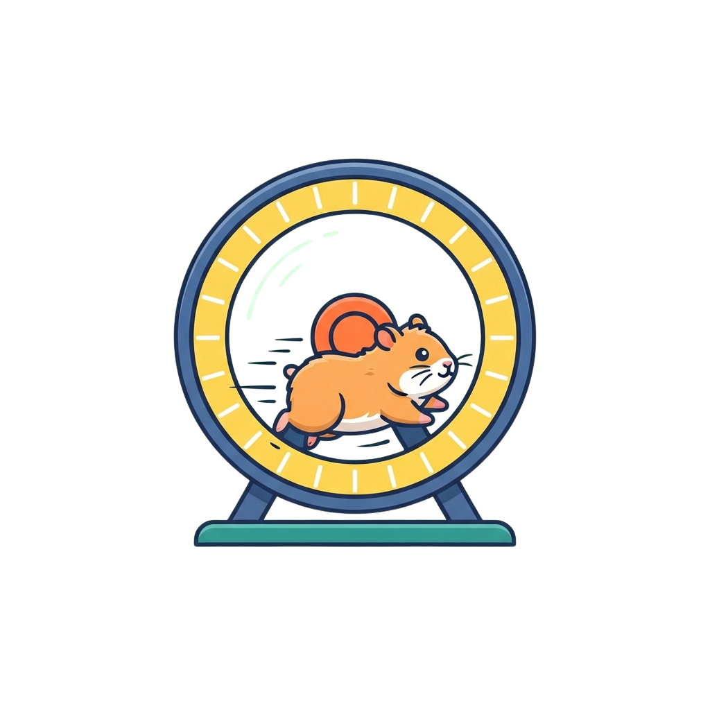 A cartoon hamster running inside a yellow and blue exercise wheel on a dark background