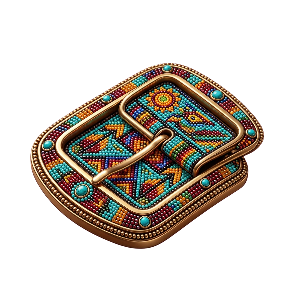 Colorful beaded belt buckle with turquoise stones and intricate geometric patterns