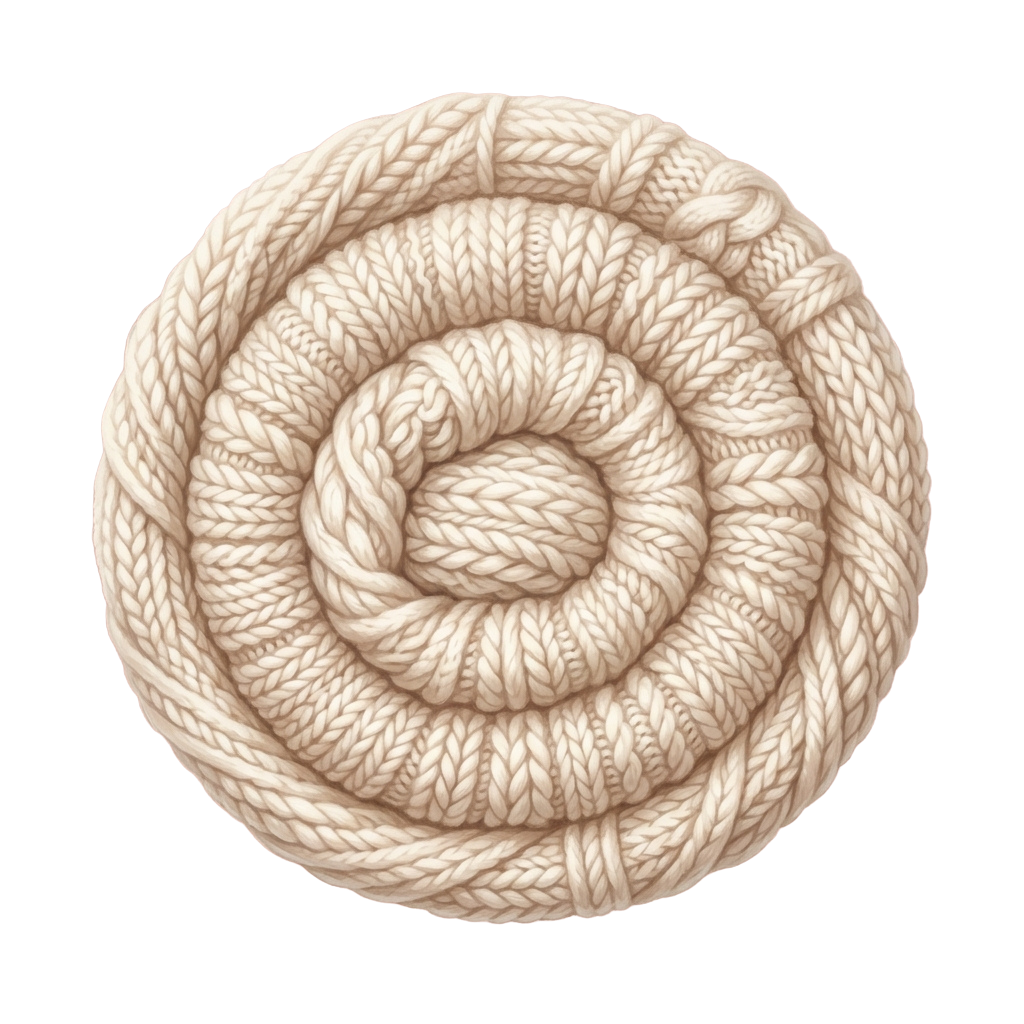 A close-up view of a knitted spiral coil made from cream-colored yarn.