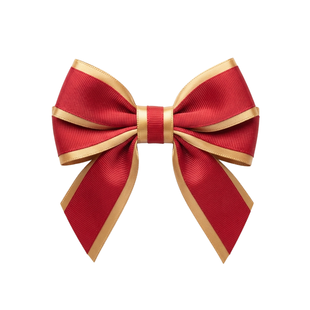 A decorative bow made of red velvet ribbon with gold satin edges tied in a classic bow shape.