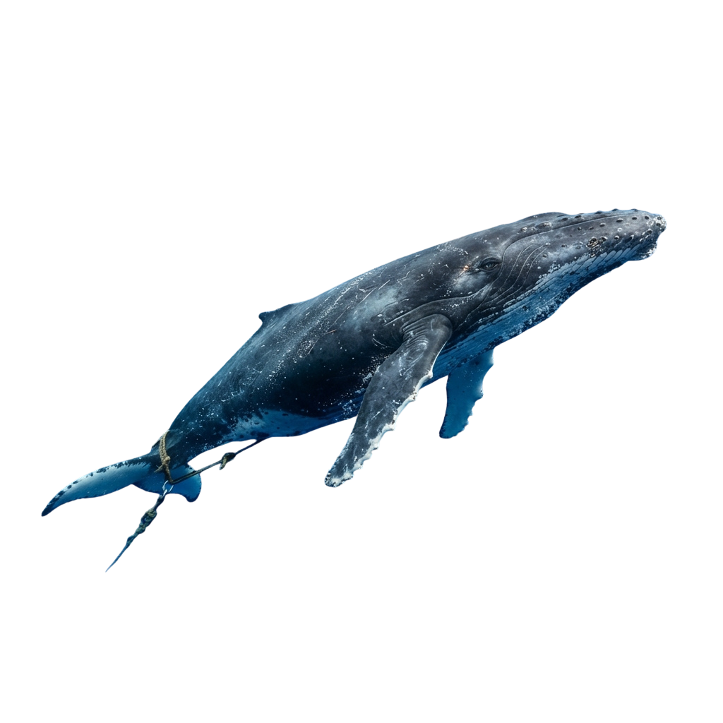 A blue whale swimming underwater with its head slightly tilted and tail fin visible.