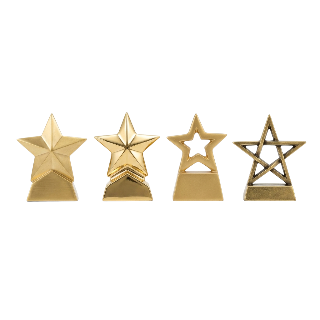 Four gold-colored star-shaped trophies with different designs on a black background
