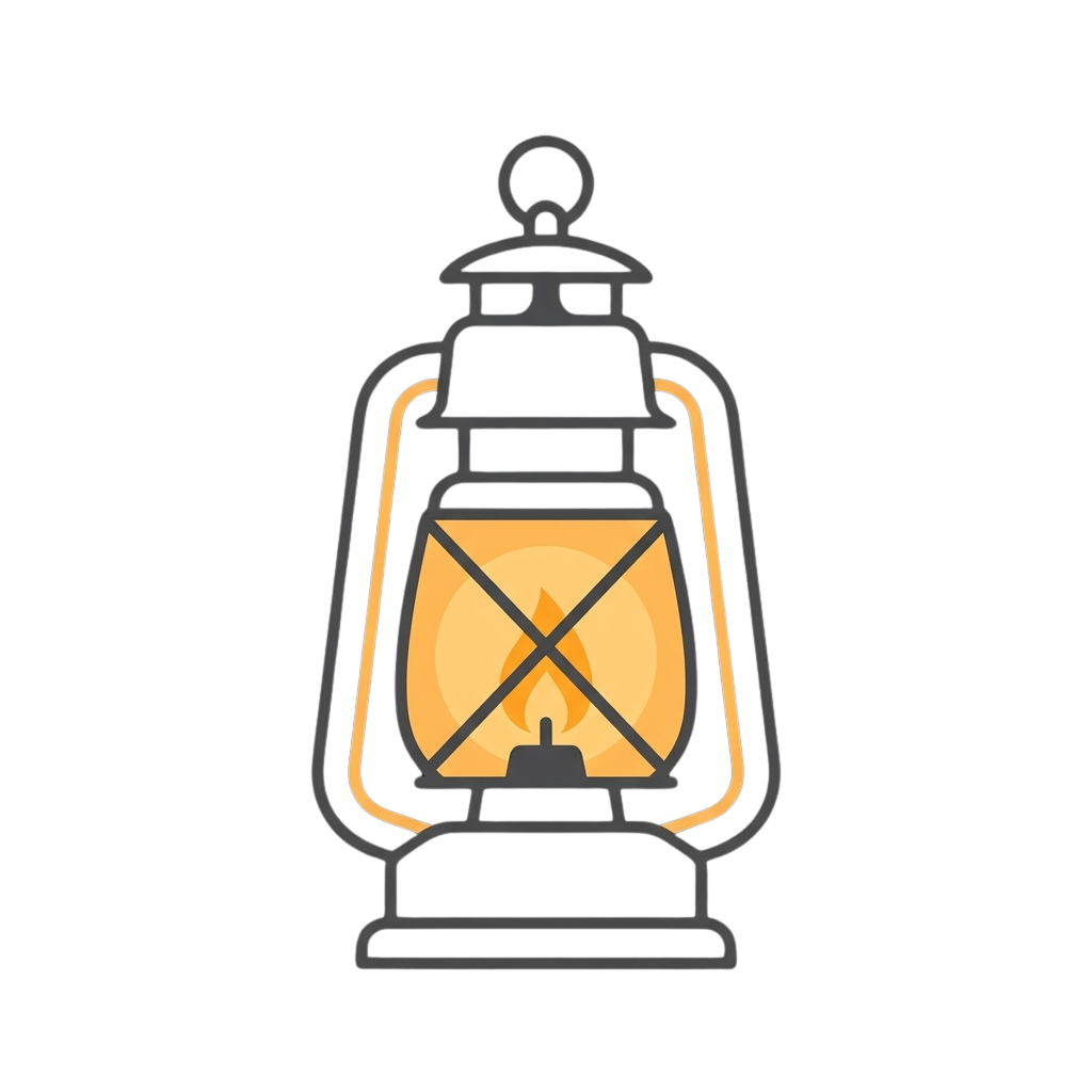 Illustration of a lit vintage-style lantern with a crosshatch glass panel