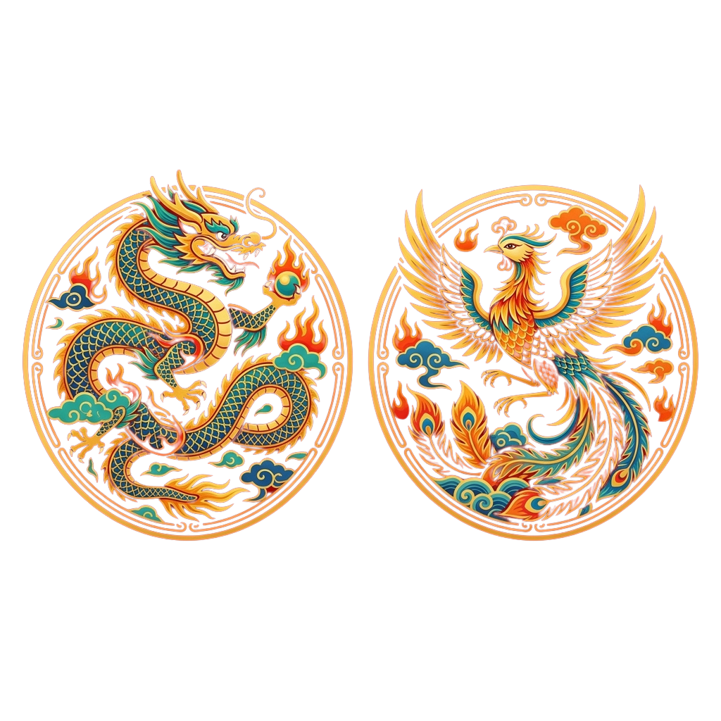 Two circular illustrations of a dragon and a phoenix with intricate patterns and bright colors on a black background