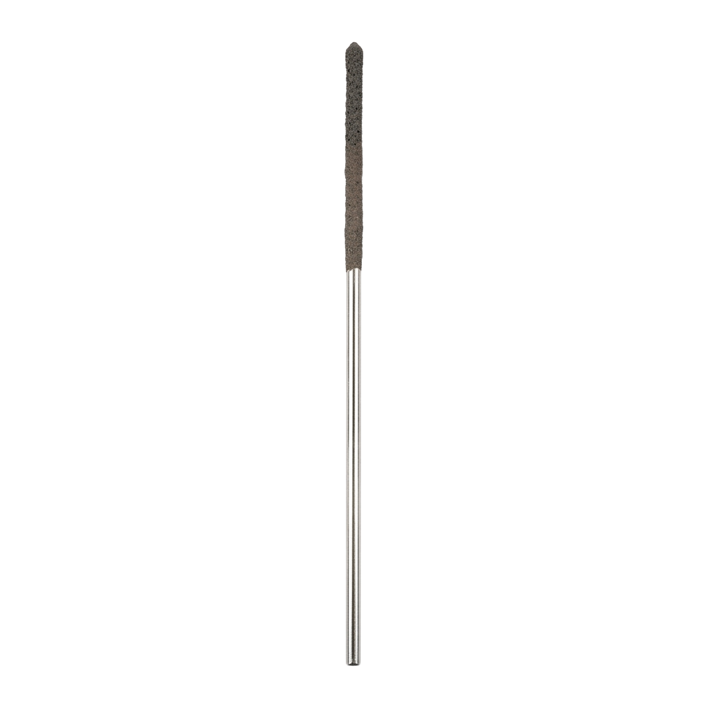 A close-up image of a slender dental drill bit with a fine tip against a black background