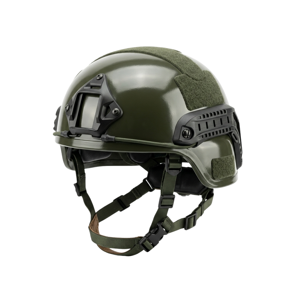 Olive green tactical helmet with black face shield and padded interior straps